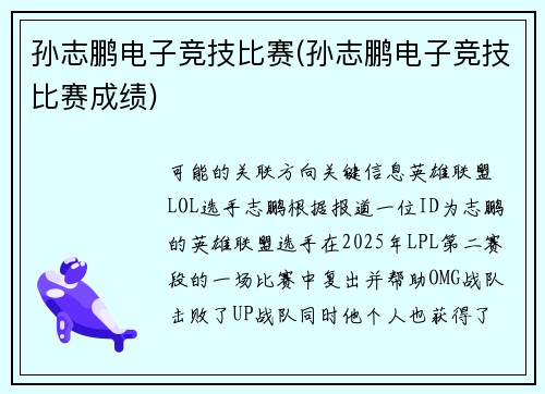 孙志鹏电子竞技比赛(孙志鹏电子竞技比赛成绩)